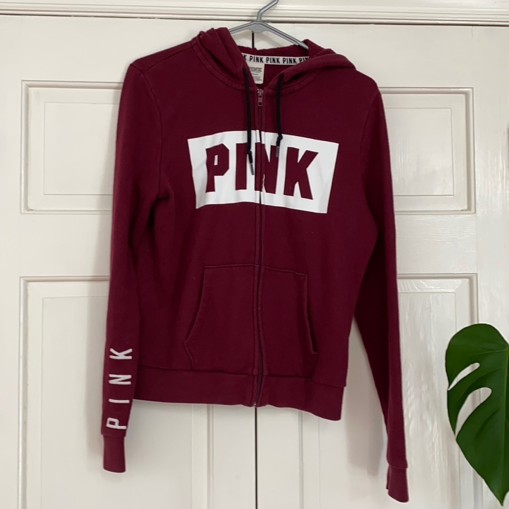 Pink by Victoria’s Secret hooded sweatshirt full zip in maroon hoodie Medium - Picture 2 of 7